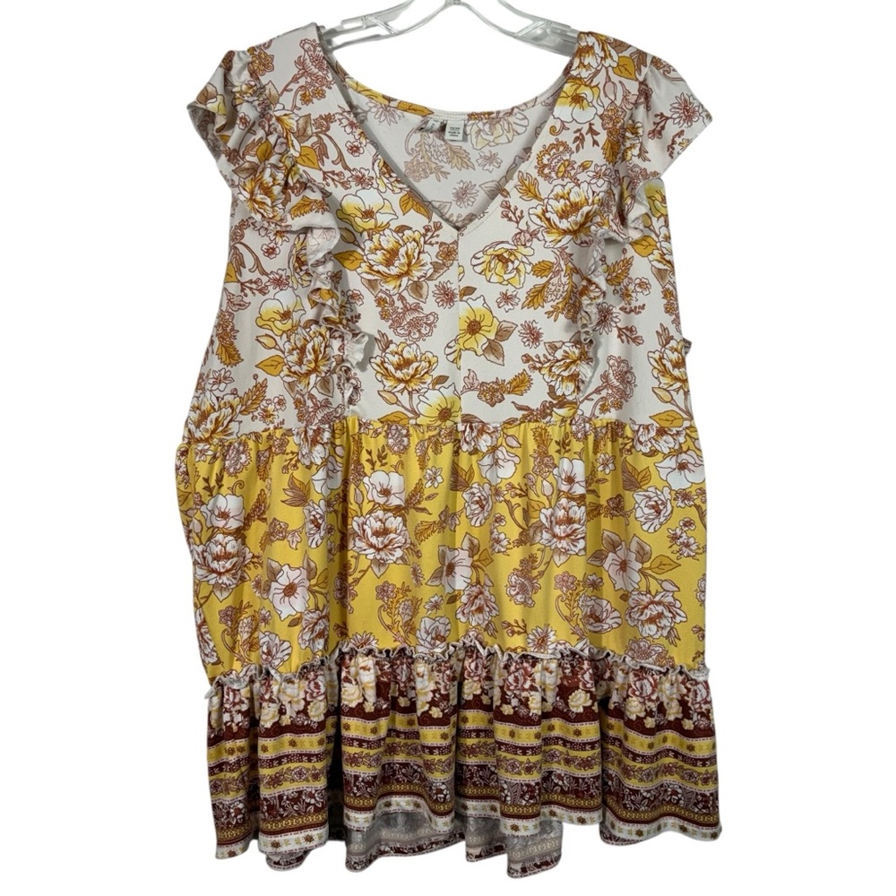 Cato Yellow Brown Tiered Ruffle V-Neck Plus Size Sleeveless Top Summer Spring 20
